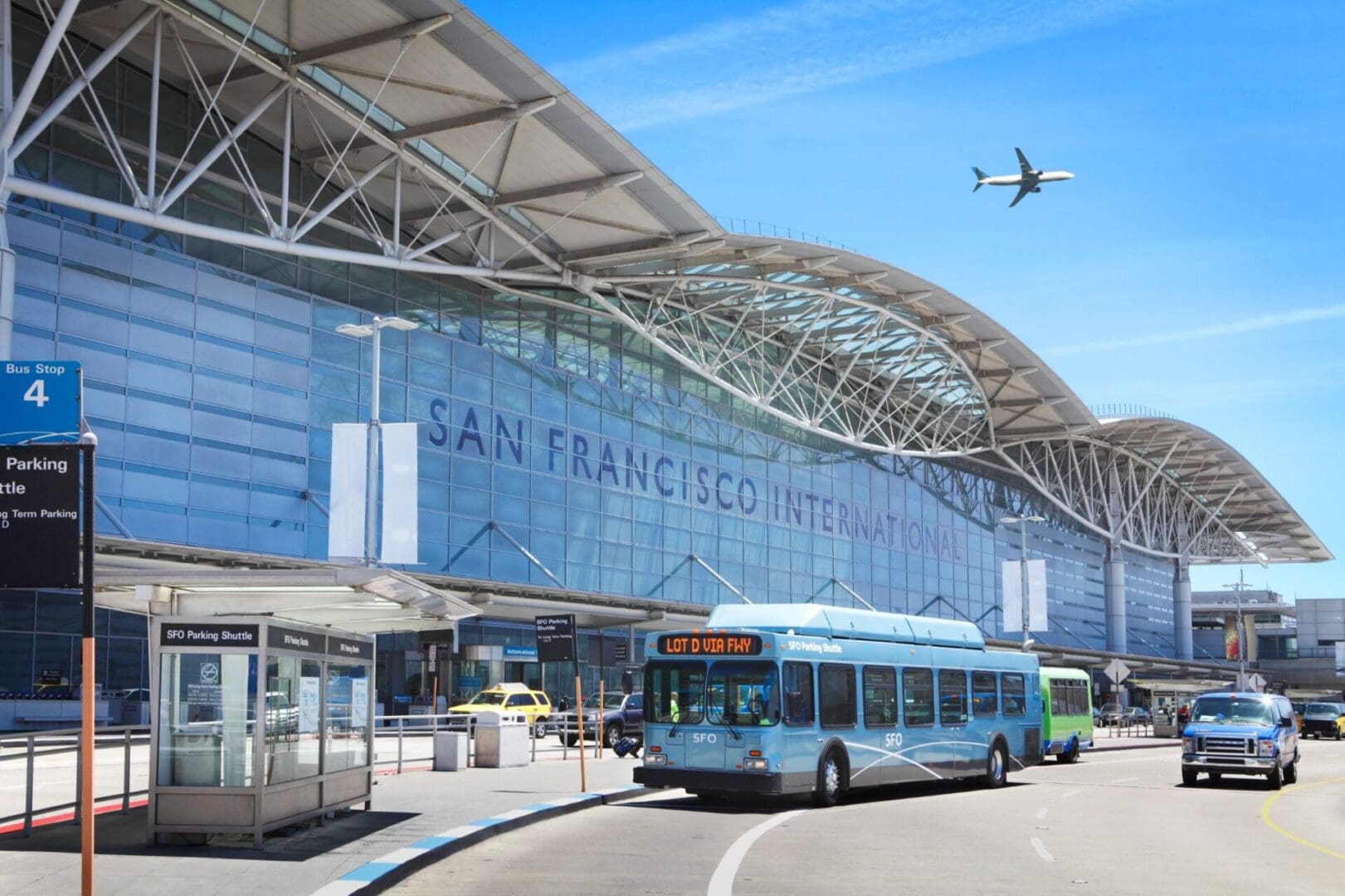 San Francisco International Airport with bus and plane.